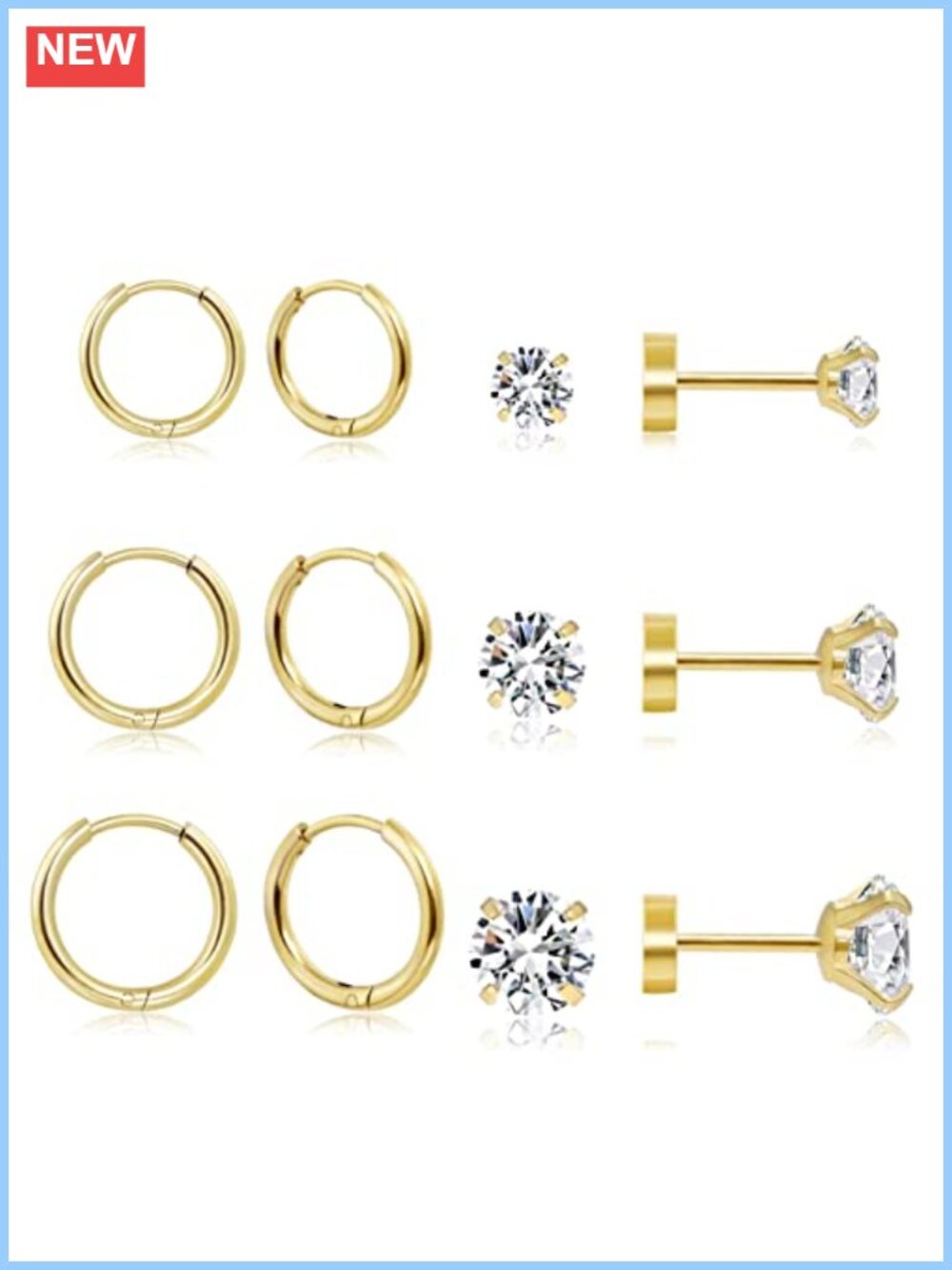 6 Pairs Surgical Steel Earrings Set 14K Gold Plated Huggie Hoops CZ Studs